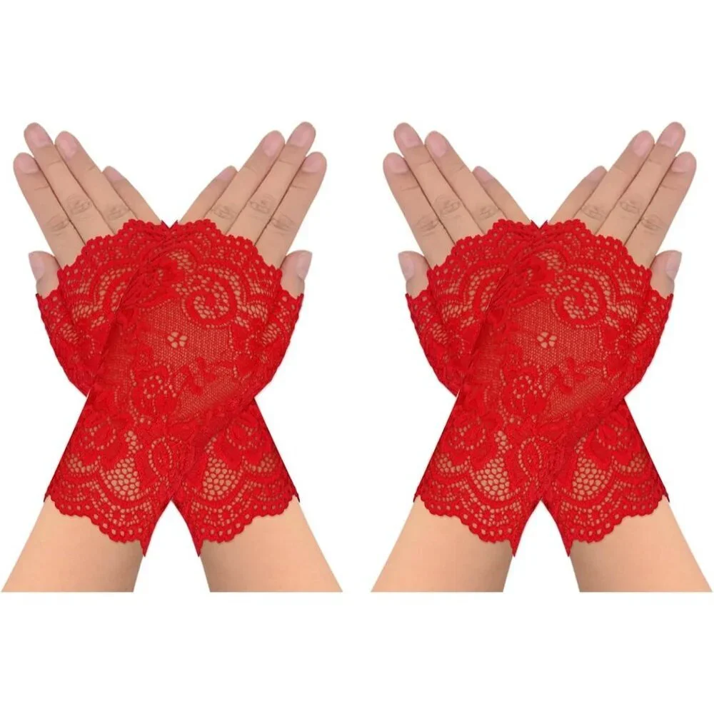 Women's 2 Pairs Red Lace Fingerless Gloves Party Prom Costume Accessories
